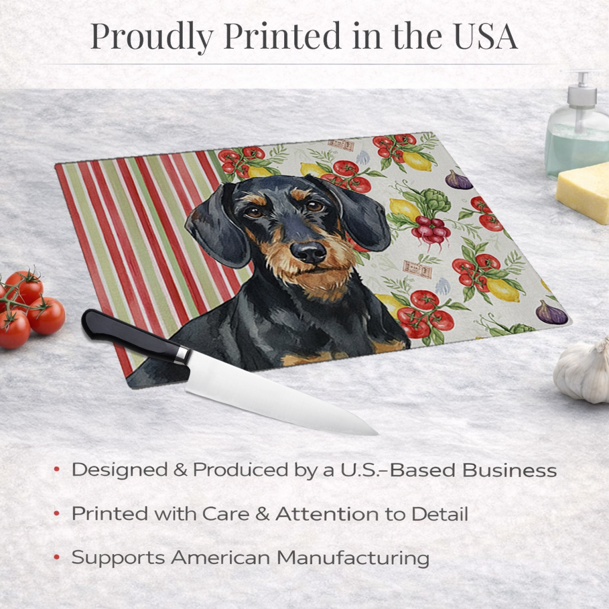Picture of Carolines Treasures WDK8201LCB 11.25 x 15.25 in. Wirehaired Black & Tan Dachshund Vegetables Glass Cutting Board