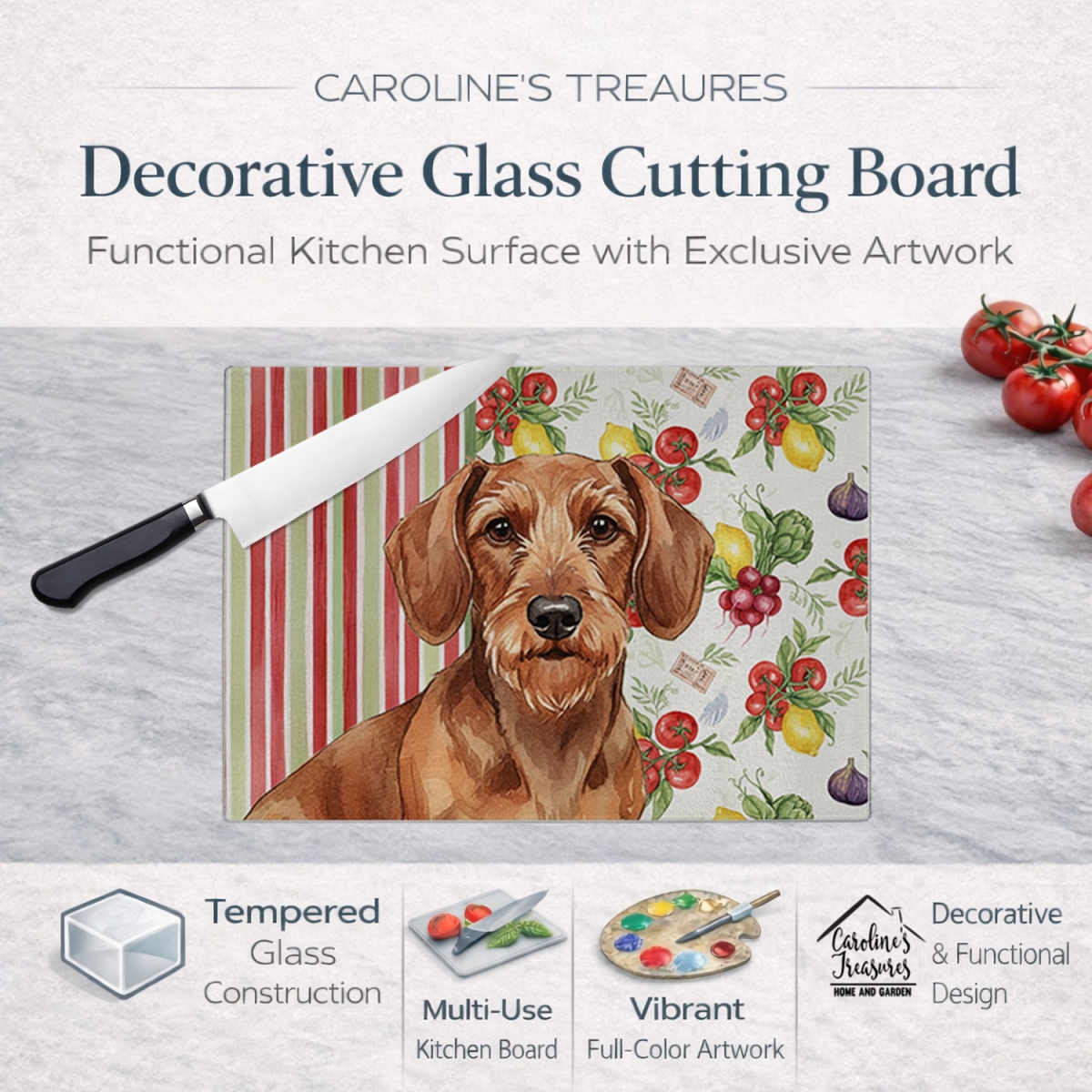 Picture of Carolines Treasures WDK8202LCB 11.25 x 15.25 in. Wirehaired Red Dachshund Vegetables Glass Cutting Board