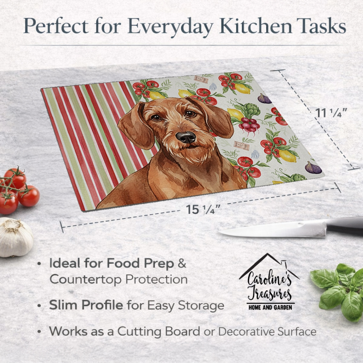 Picture of Carolines Treasures WDK8202LCB 11.25 x 15.25 in. Wirehaired Red Dachshund Vegetables Glass Cutting Board
