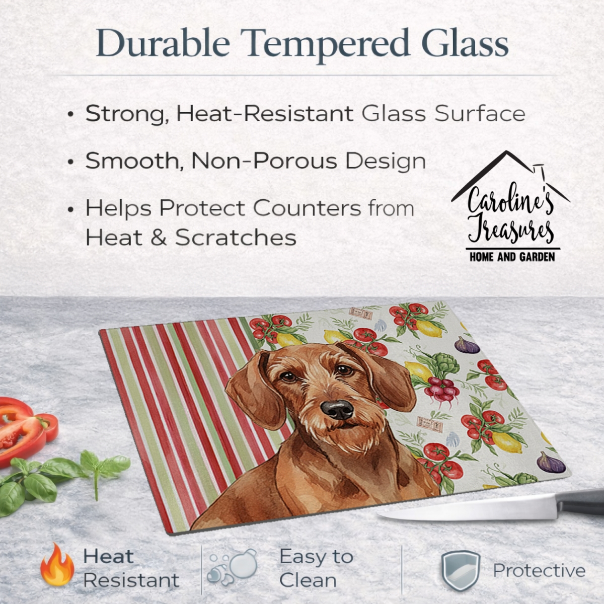 Picture of Carolines Treasures WDK8202LCB 11.25 x 15.25 in. Wirehaired Red Dachshund Vegetables Glass Cutting Board