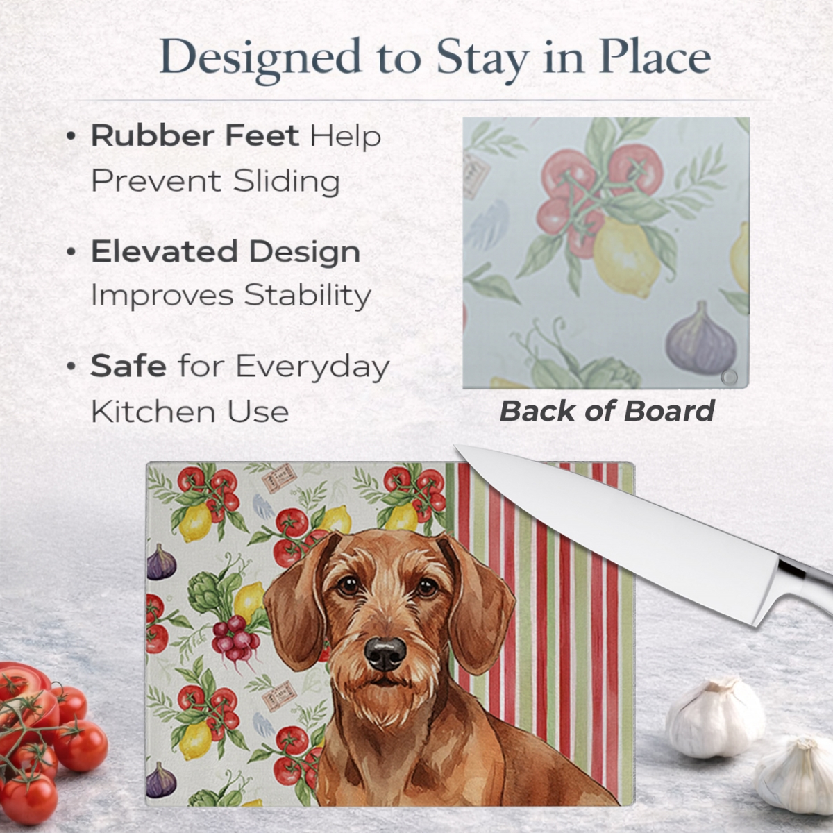 Picture of Carolines Treasures WDK8202LCB 11.25 x 15.25 in. Wirehaired Red Dachshund Vegetables Glass Cutting Board