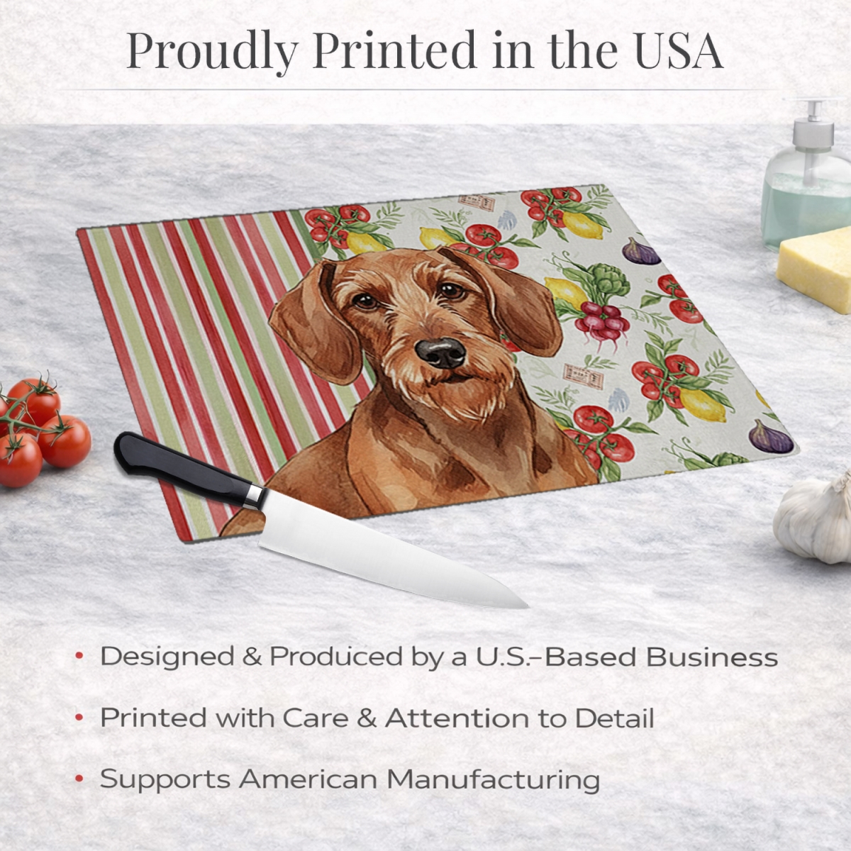 Picture of Carolines Treasures WDK8202LCB 11.25 x 15.25 in. Wirehaired Red Dachshund Vegetables Glass Cutting Board