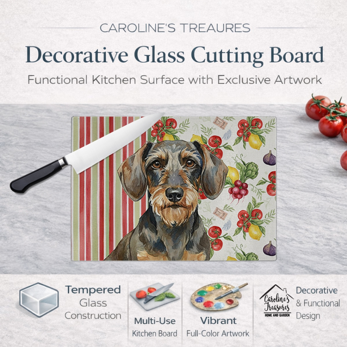 Picture of Carolines Treasures WDK8203LCB 11.25 x 15.25 in. Wirehaired Wild Boar Dachshund Vegetables Glass Cutting Board