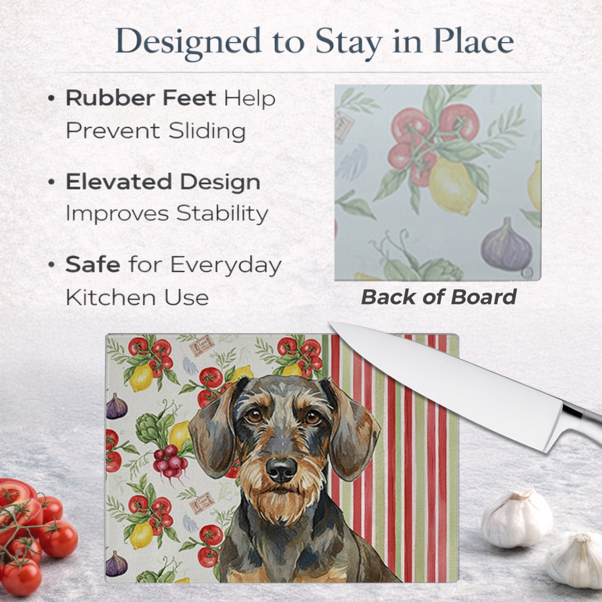 Picture of Carolines Treasures WDK8203LCB 11.25 x 15.25 in. Wirehaired Wild Boar Dachshund Vegetables Glass Cutting Board