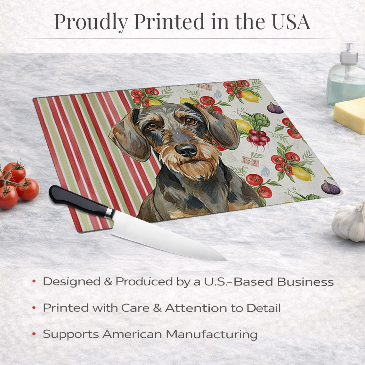 Picture of Carolines Treasures WDK8203LCB 11.25 x 15.25 in. Wirehaired Wild Boar Dachshund Vegetables Glass Cutting Board