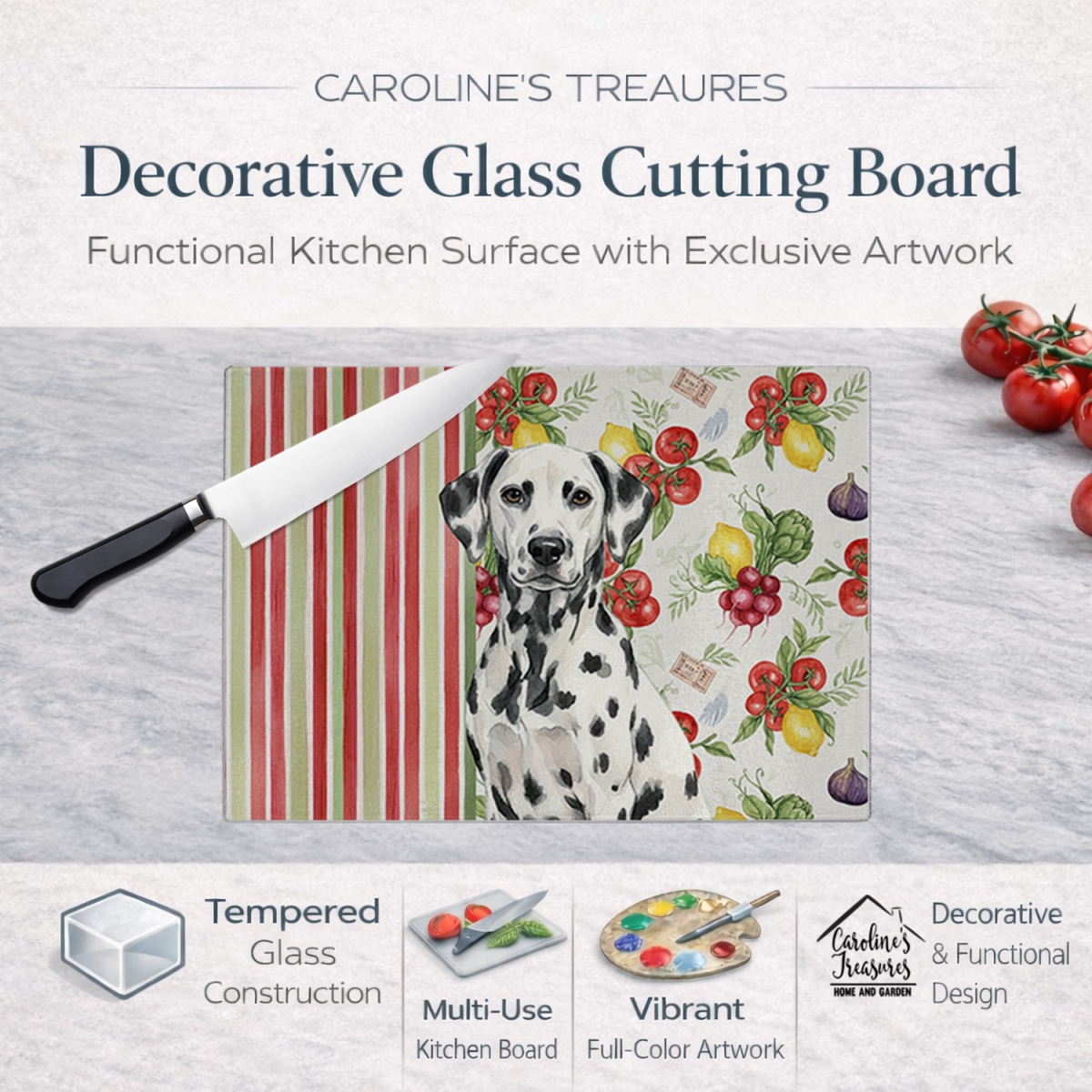 Picture of Carolines Treasures WDK8204LCB 11.25 x 15.25 in. Dalmatian Vegetables Glass Cutting Board