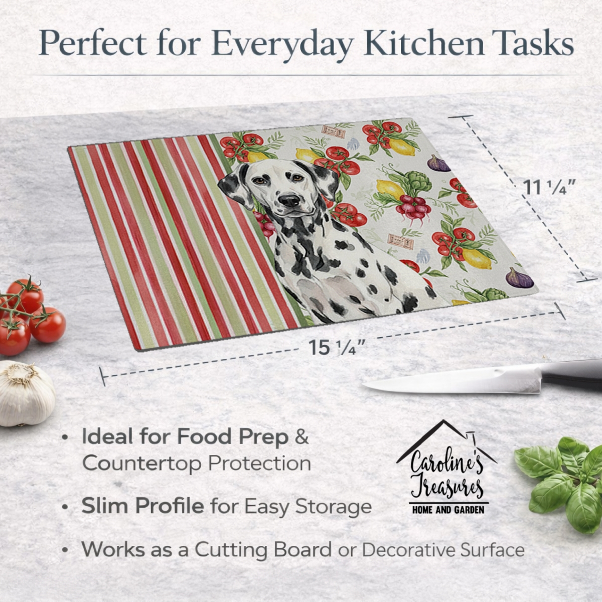 Picture of Carolines Treasures WDK8204LCB 11.25 x 15.25 in. Dalmatian Vegetables Glass Cutting Board
