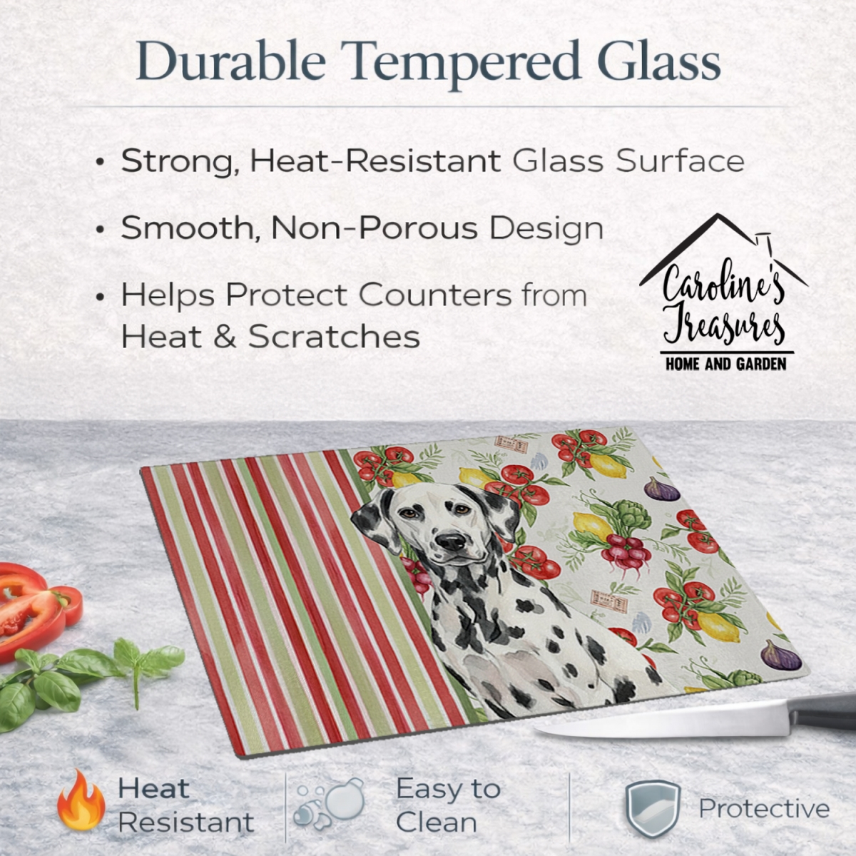 Picture of Carolines Treasures WDK8204LCB 11.25 x 15.25 in. Dalmatian Vegetables Glass Cutting Board