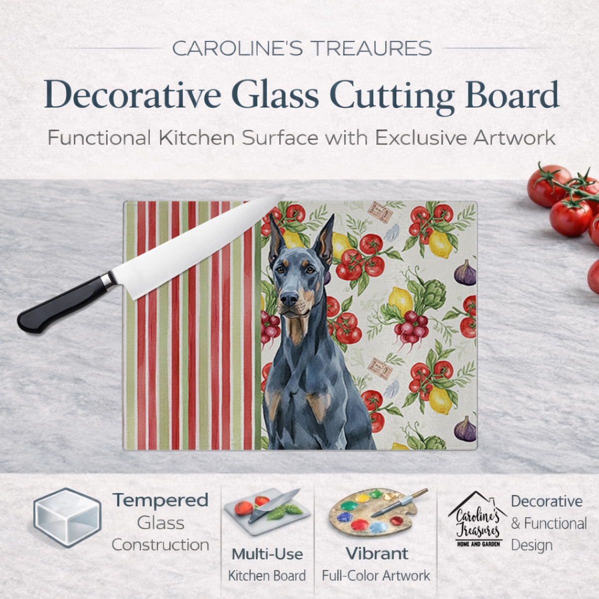 Picture of Carolines Treasures WDK8206LCB 11.25 x 15.25 in. Blue Doberman Pinscher Vegetables Glass Cutting Board