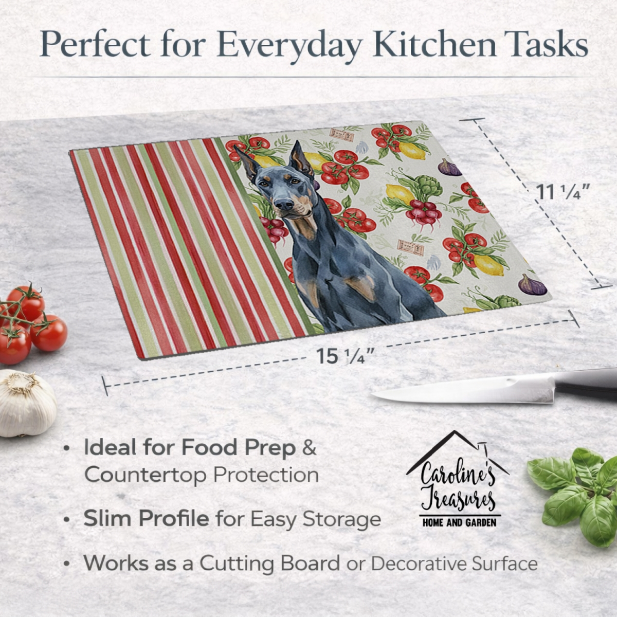 Picture of Carolines Treasures WDK8206LCB 11.25 x 15.25 in. Blue Doberman Pinscher Vegetables Glass Cutting Board