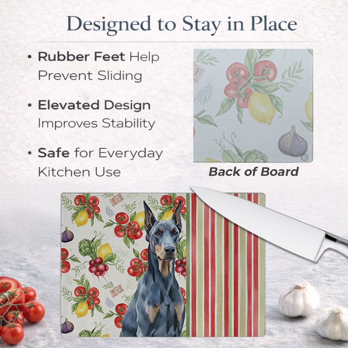 Picture of Carolines Treasures WDK8206LCB 11.25 x 15.25 in. Blue Doberman Pinscher Vegetables Glass Cutting Board