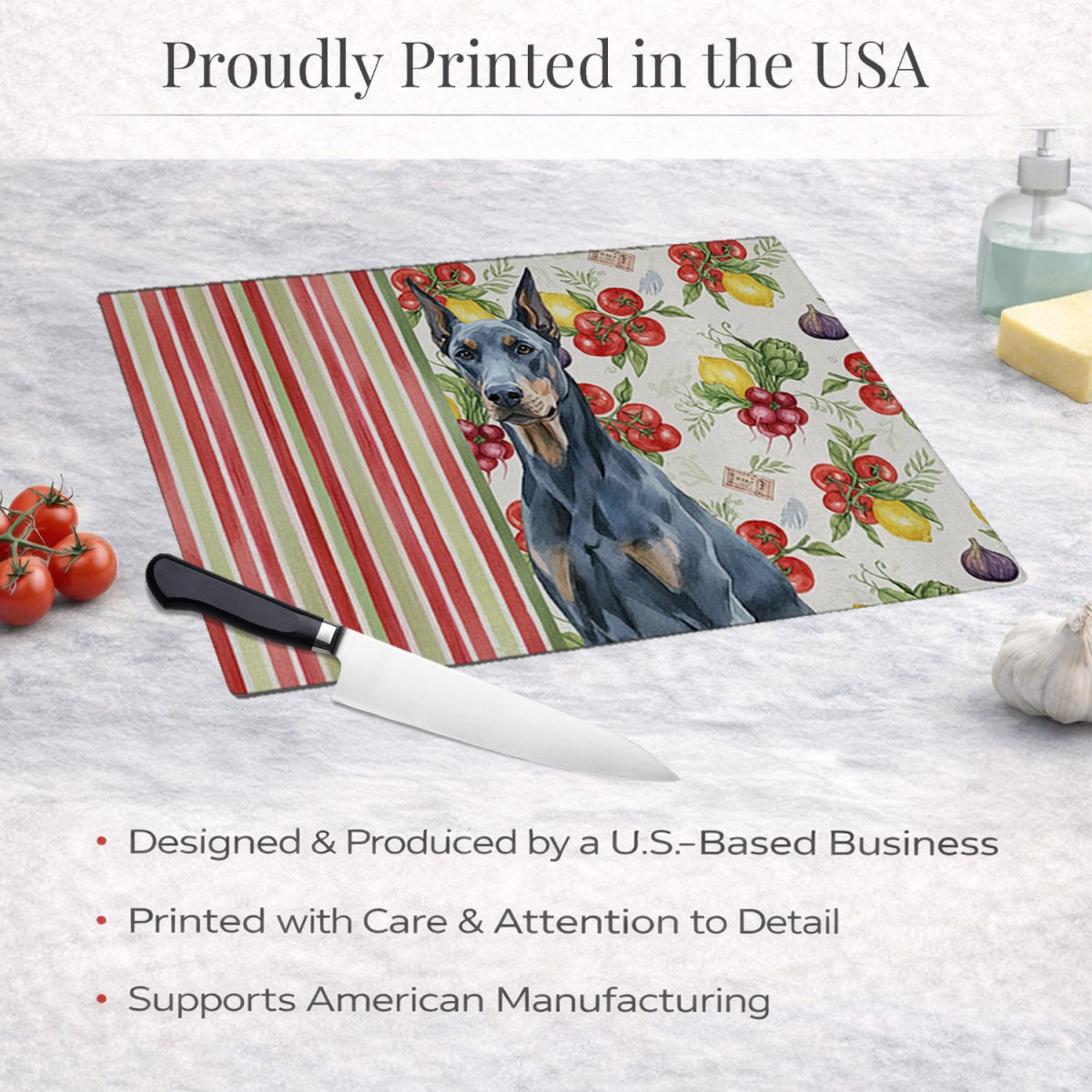 Picture of Carolines Treasures WDK8206LCB 11.25 x 15.25 in. Blue Doberman Pinscher Vegetables Glass Cutting Board