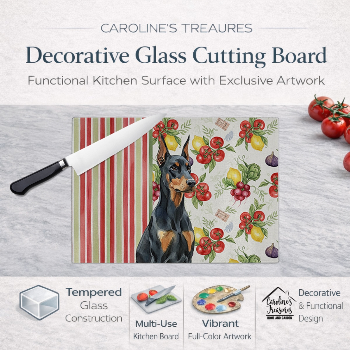 Picture of Carolines Treasures WDK8207LCB 11.25 x 15.25 in. Doberman Pinscher Vegetables Glass Cutting Board
