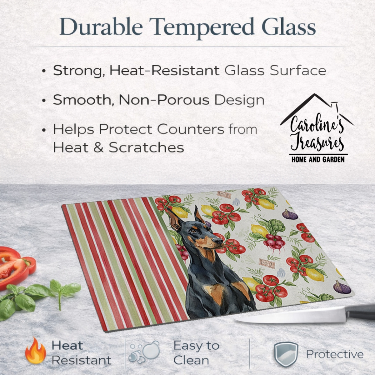 Picture of Carolines Treasures WDK8207LCB 11.25 x 15.25 in. Doberman Pinscher Vegetables Glass Cutting Board