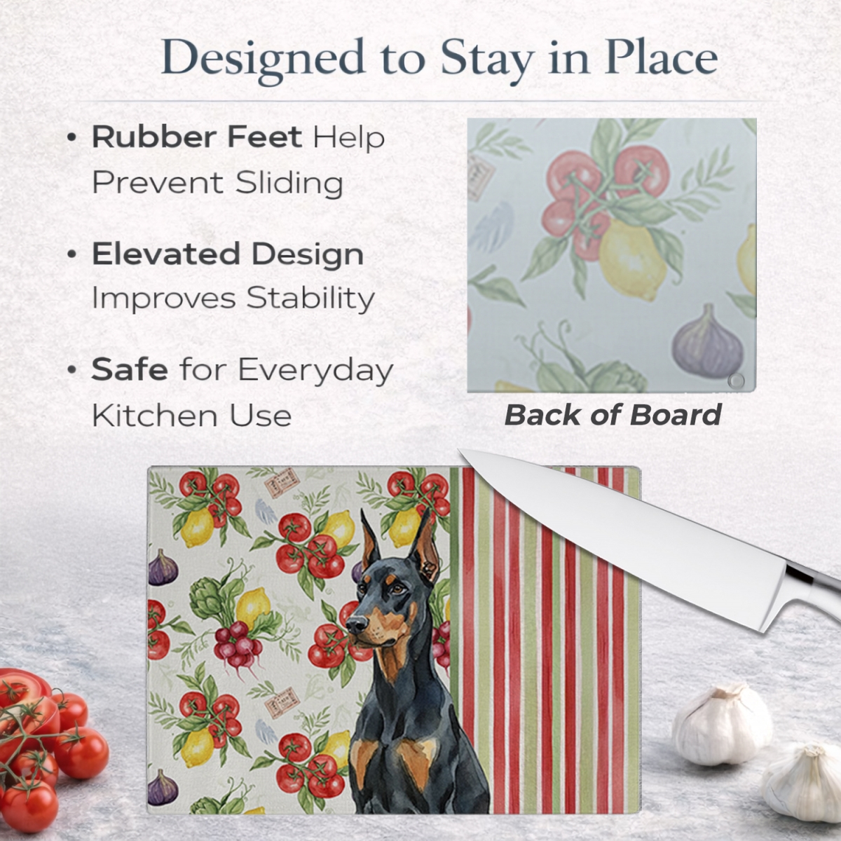 Picture of Carolines Treasures WDK8207LCB 11.25 x 15.25 in. Doberman Pinscher Vegetables Glass Cutting Board