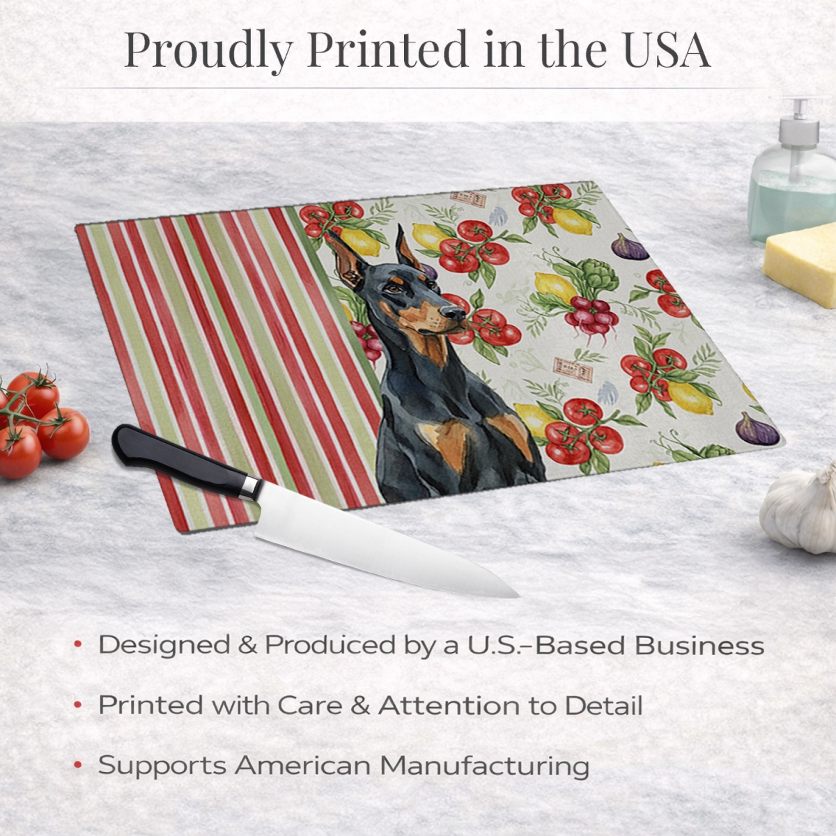 Picture of Carolines Treasures WDK8207LCB 11.25 x 15.25 in. Doberman Pinscher Vegetables Glass Cutting Board