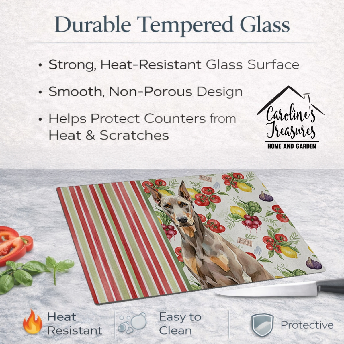 Picture of Carolines Treasures WDK8208LCB 11.25 x 15.25 in. Fawn Doberman Pinscher Vegetables Glass Cutting Board