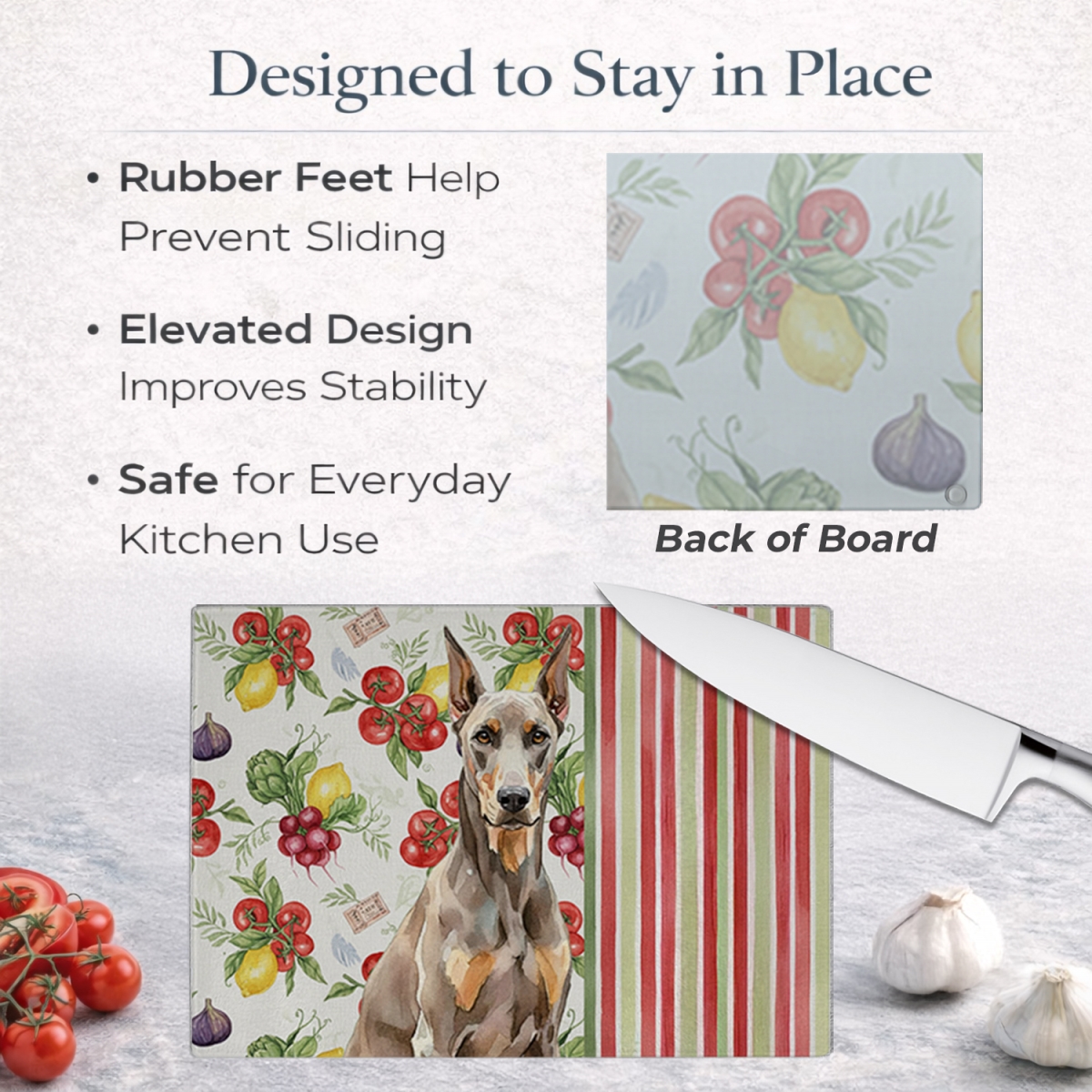Picture of Carolines Treasures WDK8208LCB 11.25 x 15.25 in. Fawn Doberman Pinscher Vegetables Glass Cutting Board