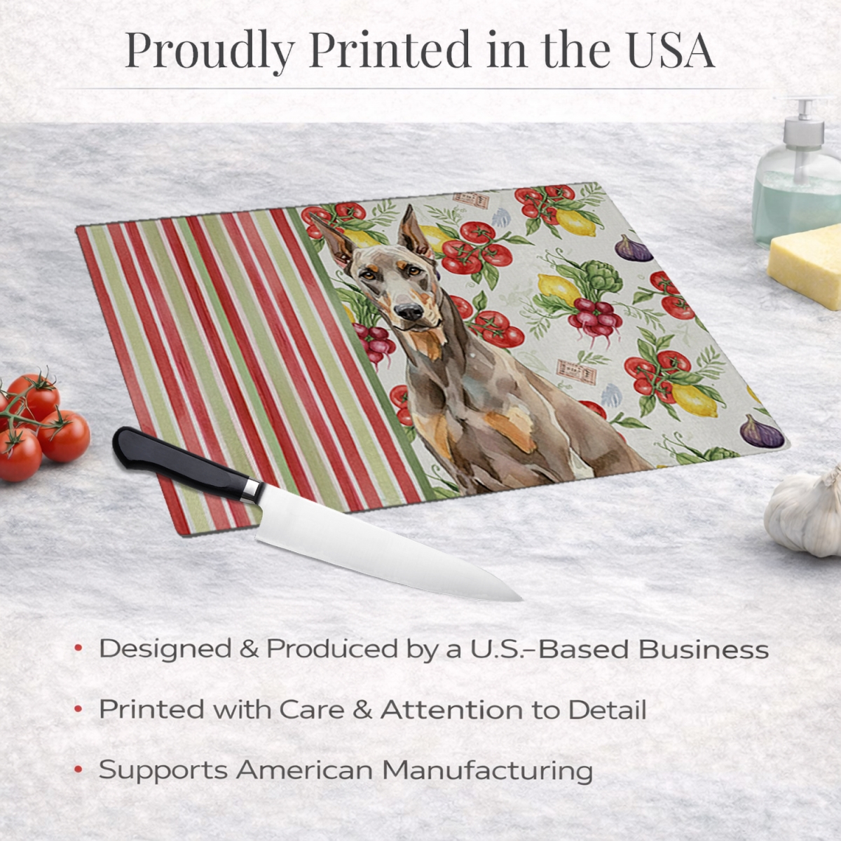 Picture of Carolines Treasures WDK8208LCB 11.25 x 15.25 in. Fawn Doberman Pinscher Vegetables Glass Cutting Board