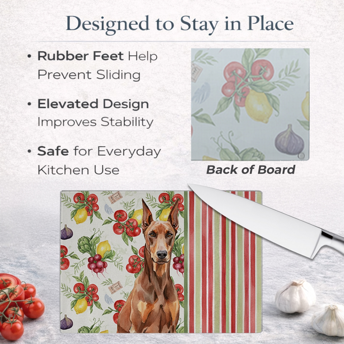 Picture of Carolines Treasures WDK8209LCB 11.25 x 15.25 in. Red Doberman Pinscher Vegetables Glass Cutting Board