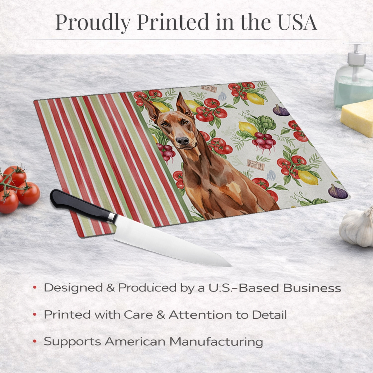 Picture of Carolines Treasures WDK8209LCB 11.25 x 15.25 in. Red Doberman Pinscher Vegetables Glass Cutting Board