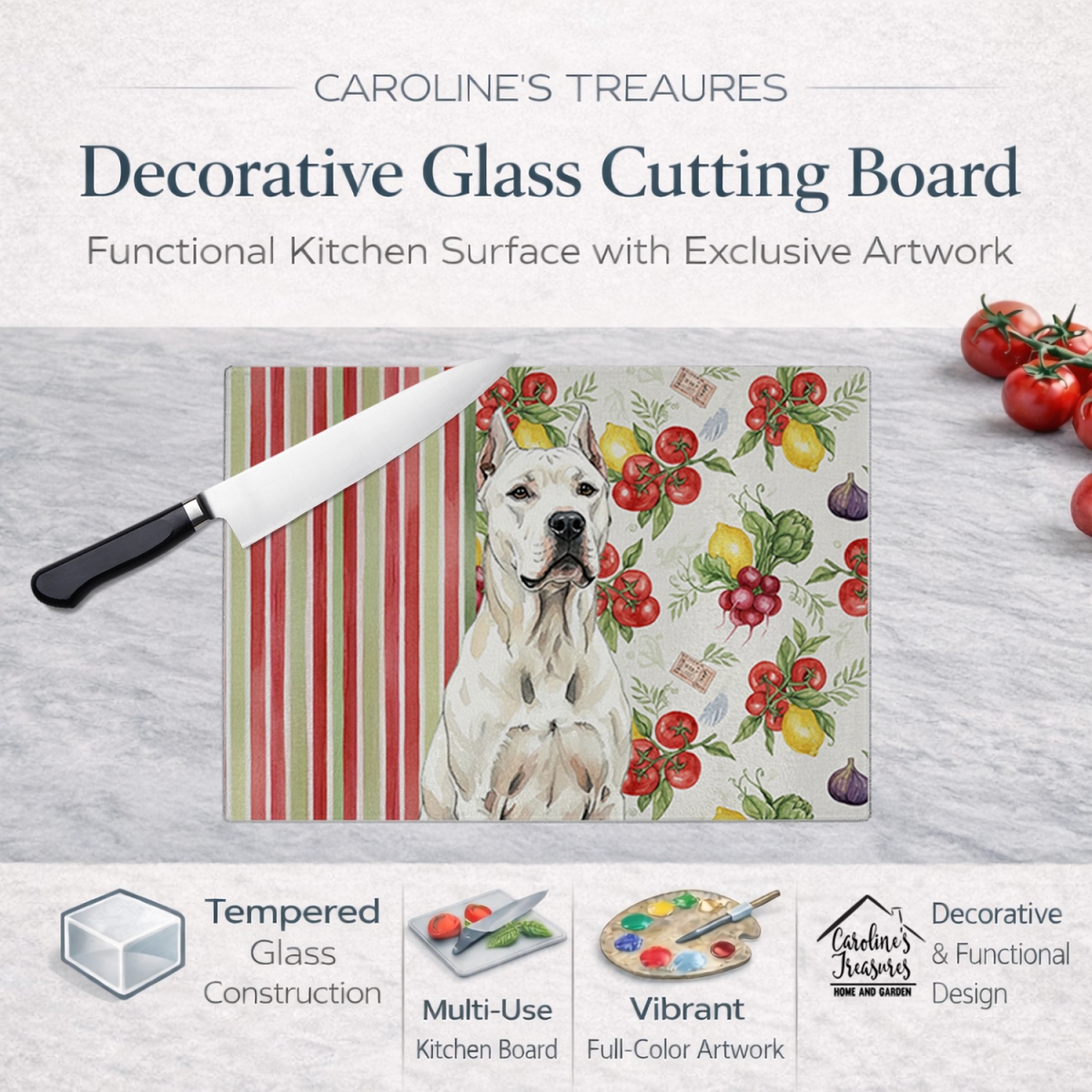Picture of Carolines Treasures WDK8210LCB 11.25 x 15.25 in. Dogo Argentino Vegetables Glass Cutting Board