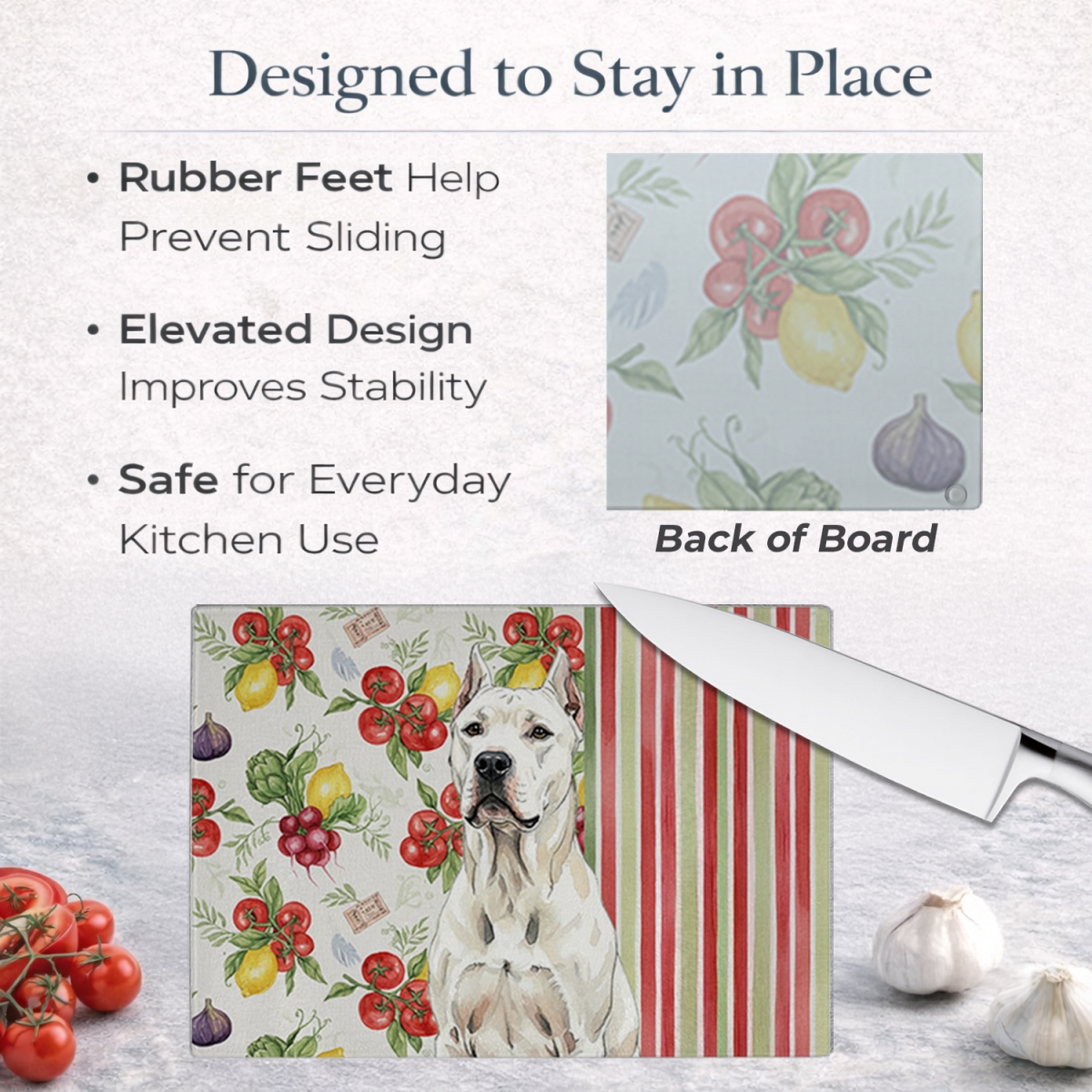 Picture of Carolines Treasures WDK8210LCB 11.25 x 15.25 in. Dogo Argentino Vegetables Glass Cutting Board