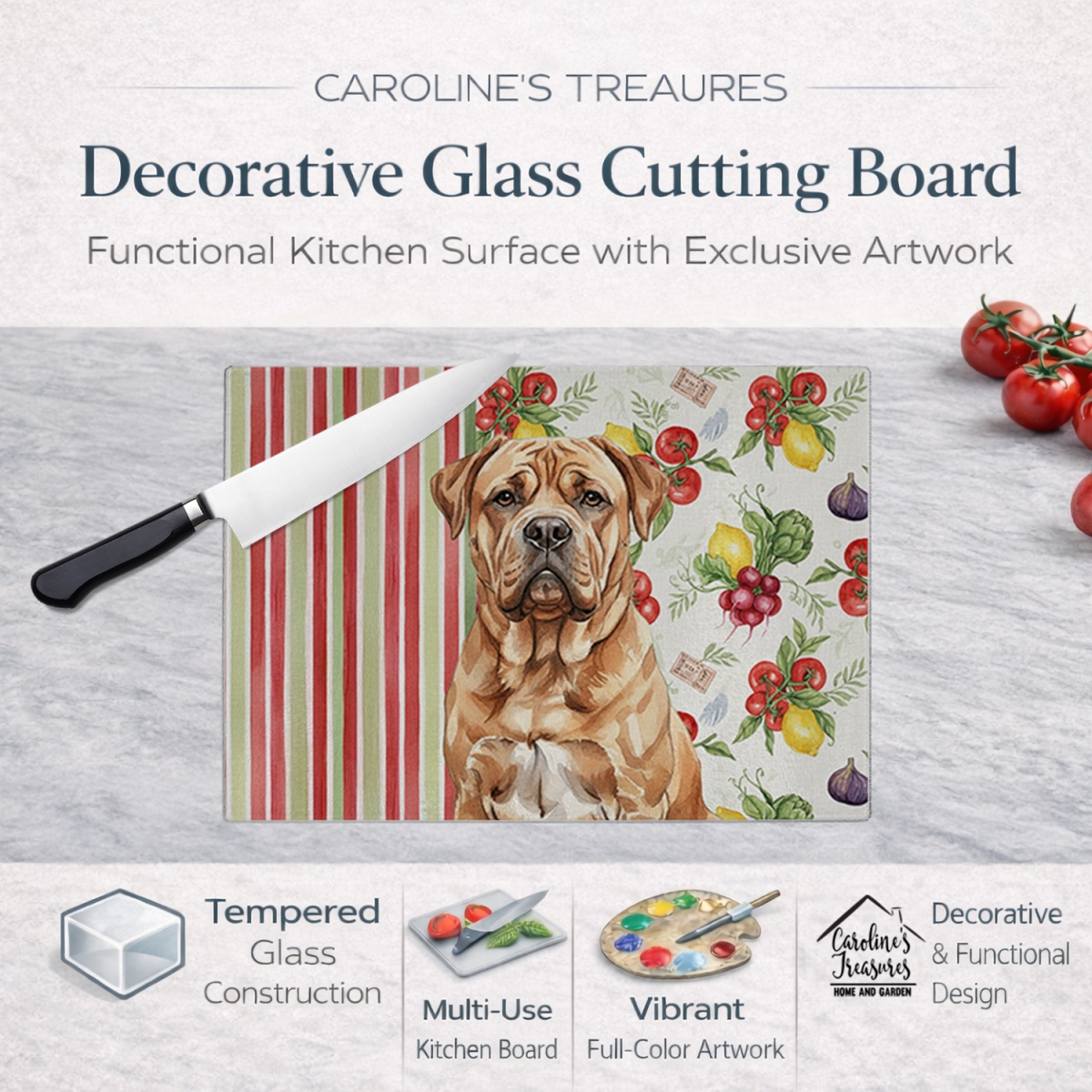 Picture of Carolines Treasures WDK8211LCB 11.25 x 15.25 in. Dogue De Bordeaux Vegetables Glass Cutting Board
