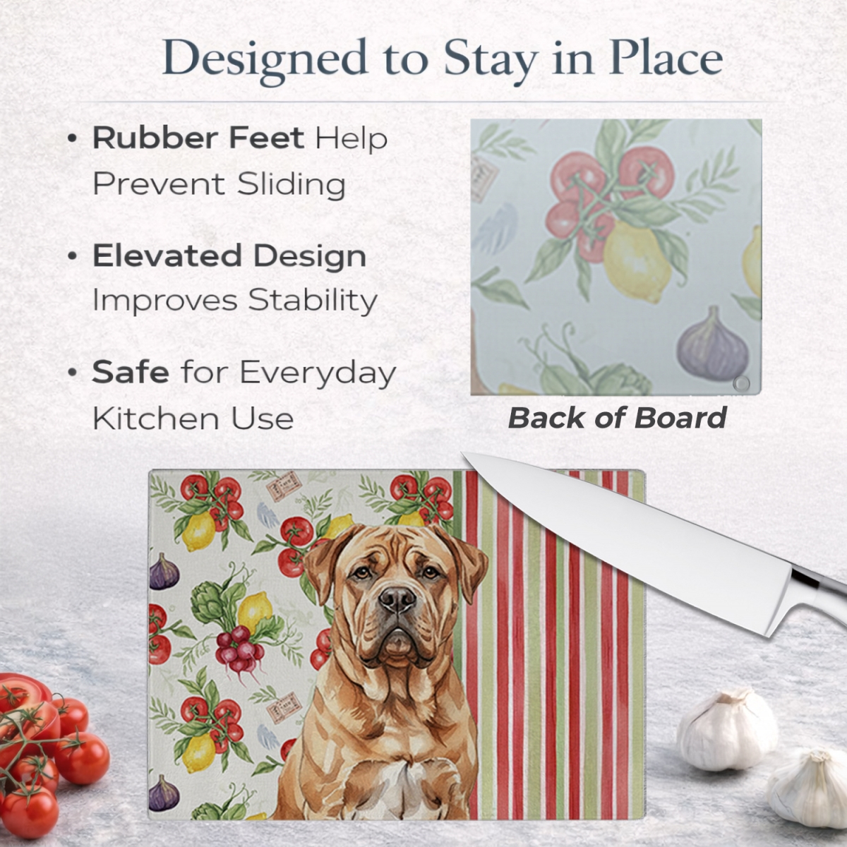 Picture of Carolines Treasures WDK8211LCB 11.25 x 15.25 in. Dogue De Bordeaux Vegetables Glass Cutting Board