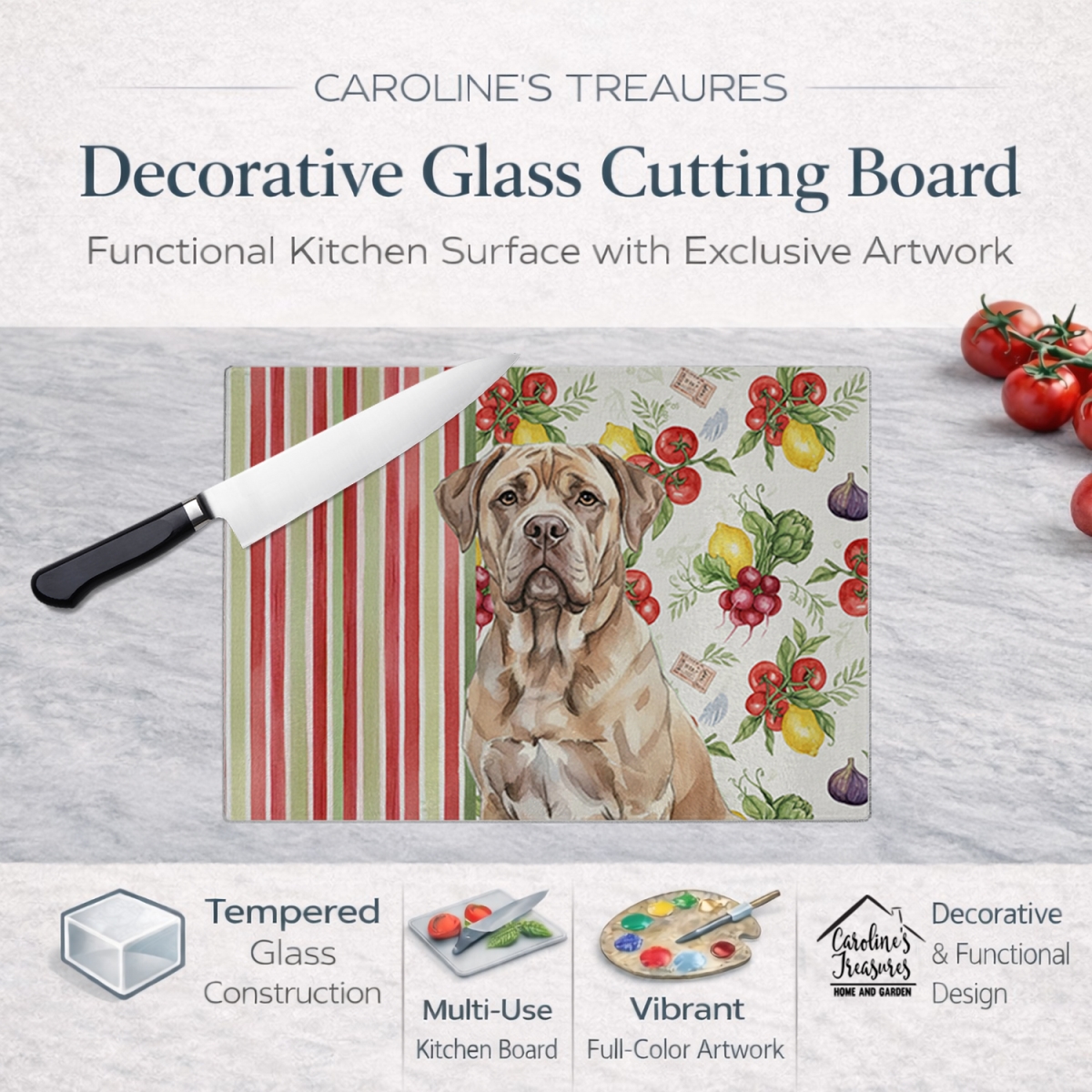 Picture of Carolines Treasures WDK8212LCB 11.25 x 15.25 in. Isabella Dogue De Bordeaux Vegetables Glass Cutting Board