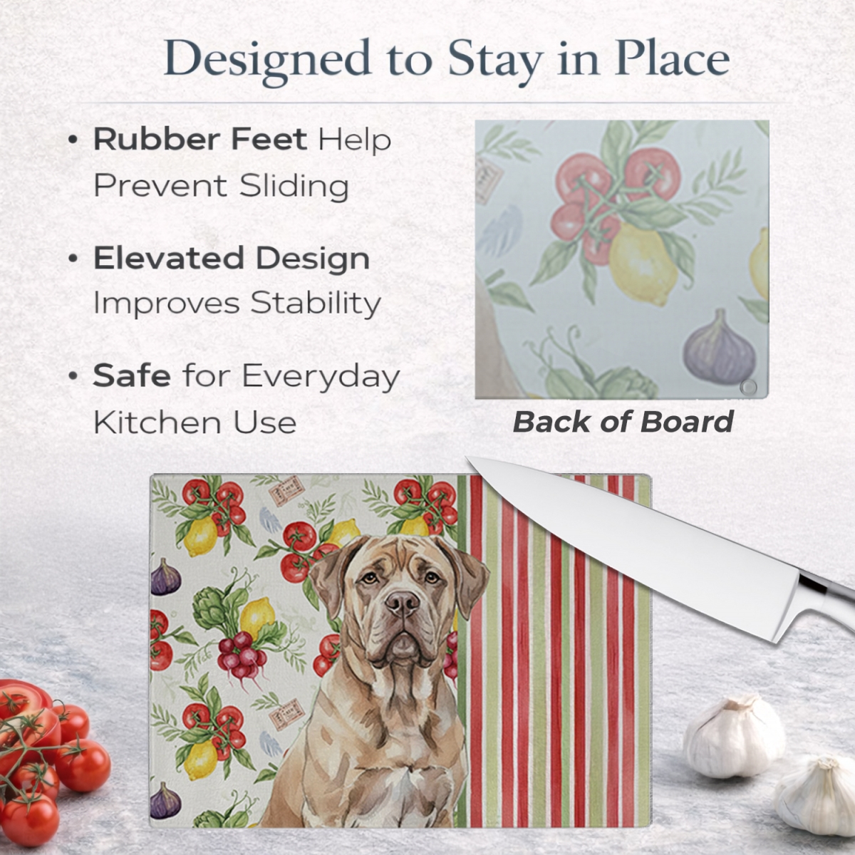 Picture of Carolines Treasures WDK8212LCB 11.25 x 15.25 in. Isabella Dogue De Bordeaux Vegetables Glass Cutting Board