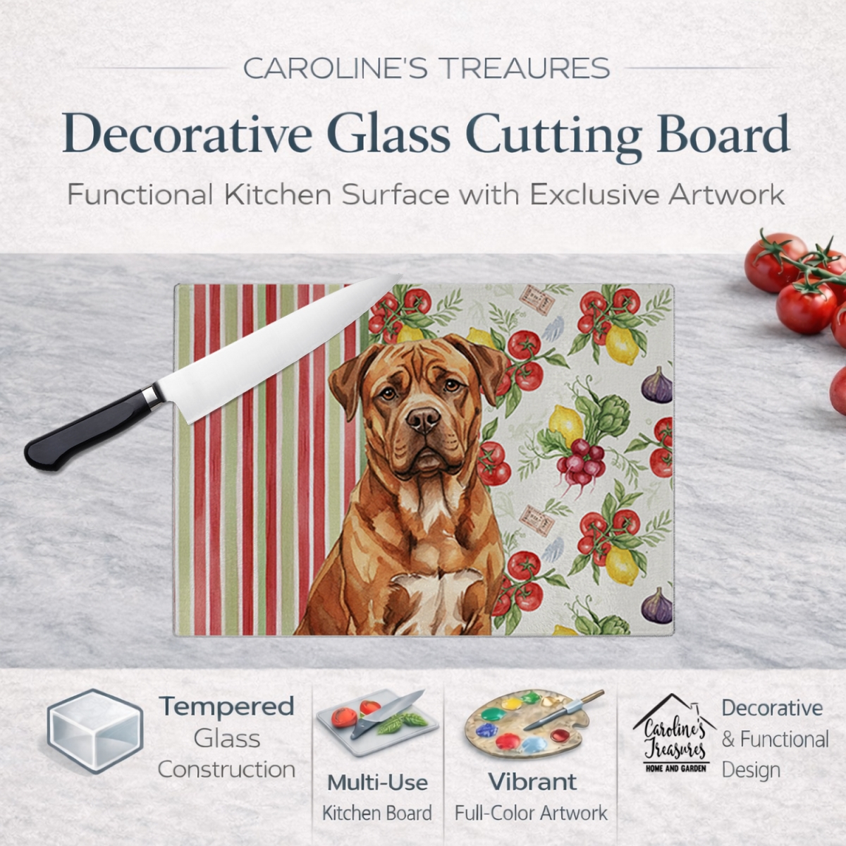 Picture of Carolines Treasures WDK8213LCB 11.25 x 15.25 in. Mahogany Dogue De Bordeaux Vegetables Glass Cutting Board