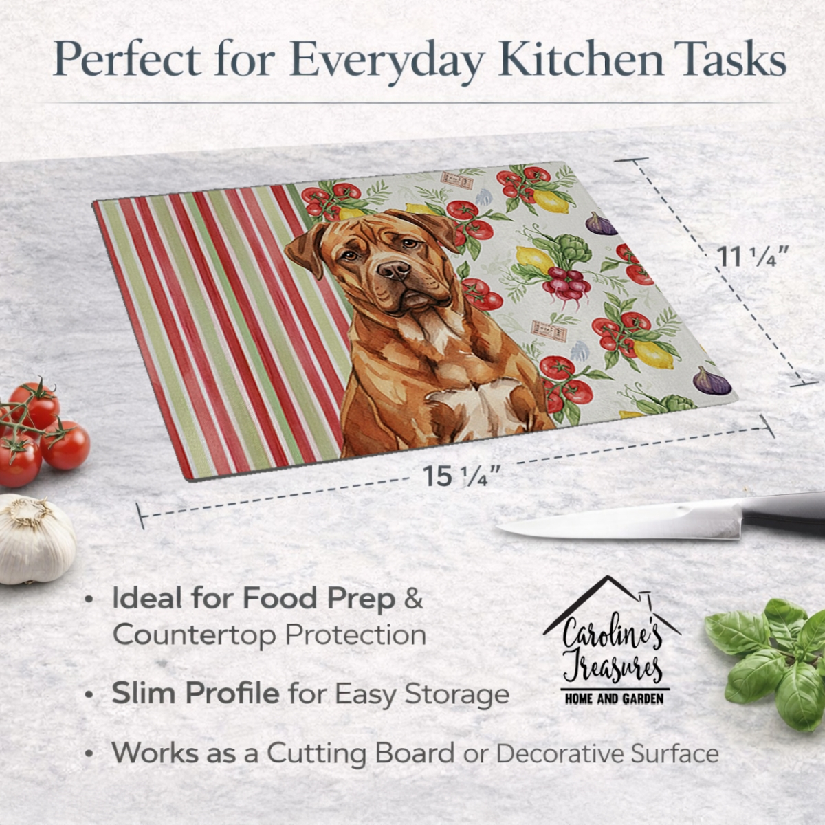 Picture of Carolines Treasures WDK8213LCB 11.25 x 15.25 in. Mahogany Dogue De Bordeaux Vegetables Glass Cutting Board