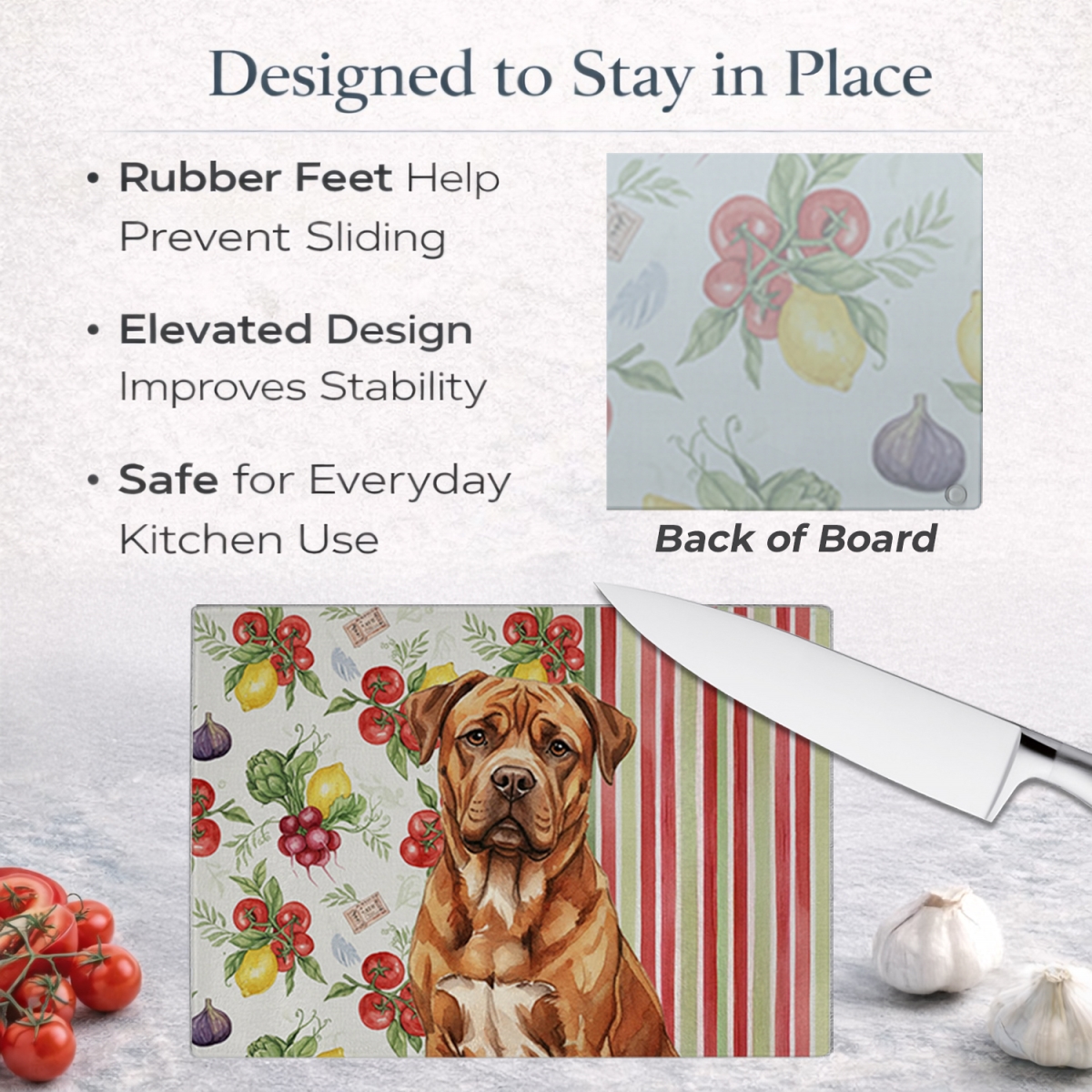 Picture of Carolines Treasures WDK8213LCB 11.25 x 15.25 in. Mahogany Dogue De Bordeaux Vegetables Glass Cutting Board