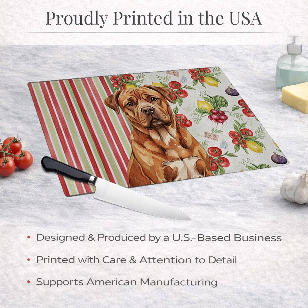 Picture of Carolines Treasures WDK8213LCB 11.25 x 15.25 in. Mahogany Dogue De Bordeaux Vegetables Glass Cutting Board