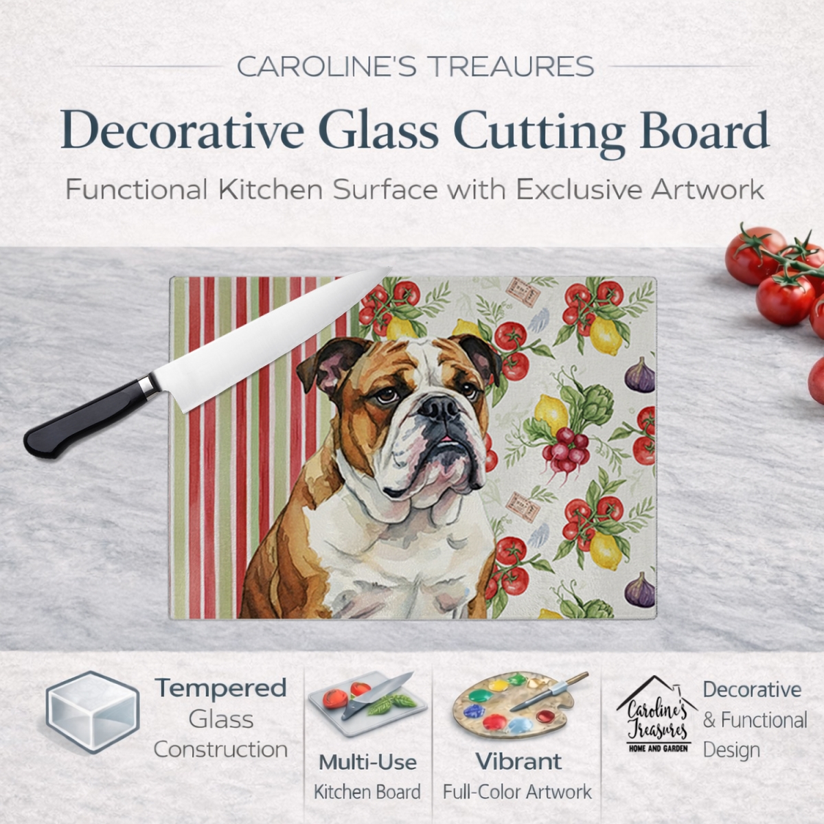 Picture of Carolines Treasures WDK8214LCB 11.25 x 15.25 in. Brindle & White English Bulldog Vegetables Glass Cutting Board