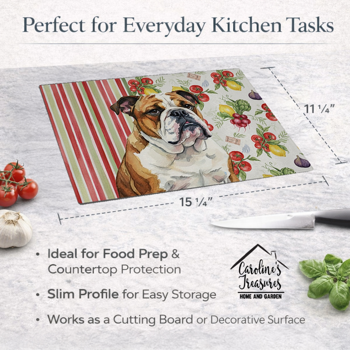 Picture of Carolines Treasures WDK8214LCB 11.25 x 15.25 in. Brindle & White English Bulldog Vegetables Glass Cutting Board