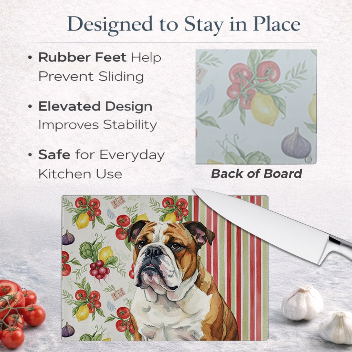 Picture of Carolines Treasures WDK8214LCB 11.25 x 15.25 in. Brindle & White English Bulldog Vegetables Glass Cutting Board