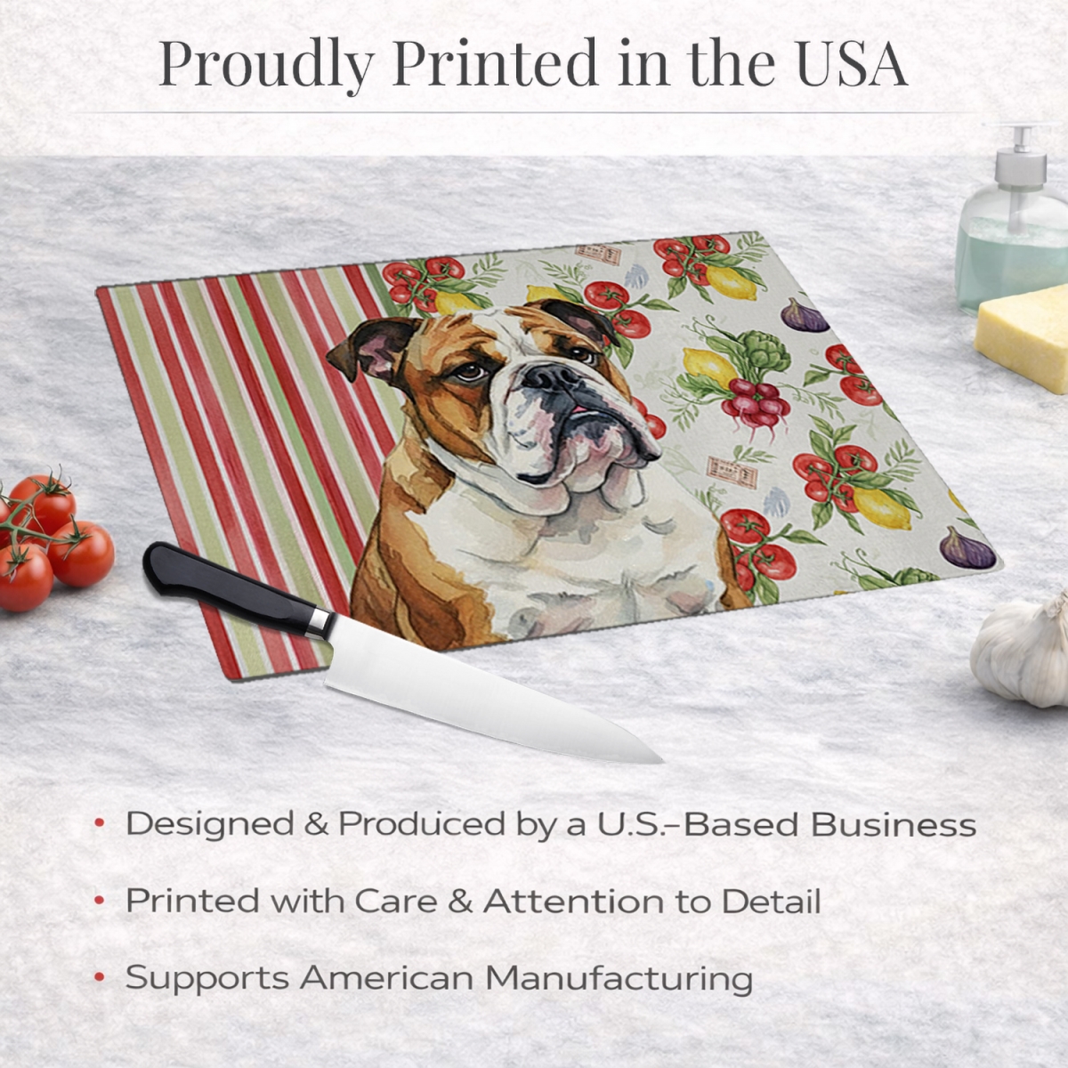 Picture of Carolines Treasures WDK8214LCB 11.25 x 15.25 in. Brindle & White English Bulldog Vegetables Glass Cutting Board