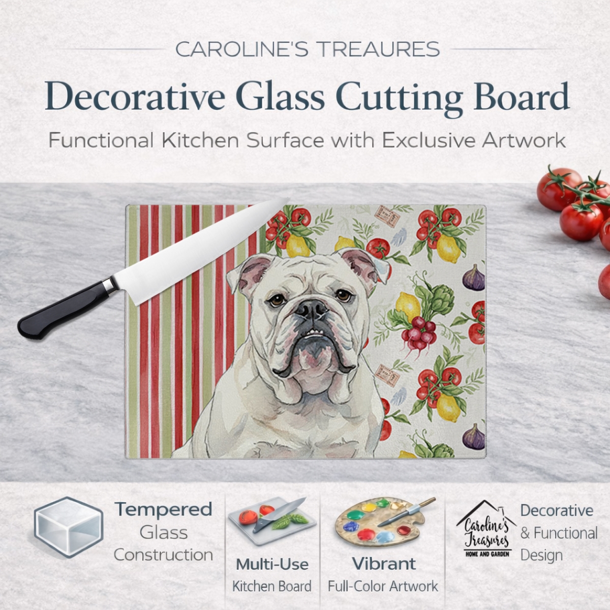 Picture of Carolines Treasures WDK8215LCB 11.25 x 15.25 in. White English Bulldog Vegetables Glass Cutting Board