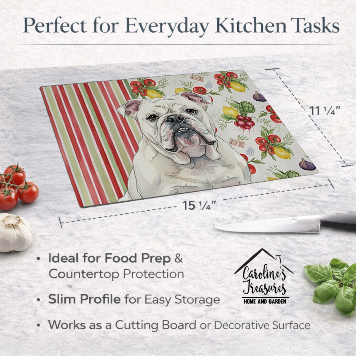 Picture of Carolines Treasures WDK8215LCB 11.25 x 15.25 in. White English Bulldog Vegetables Glass Cutting Board