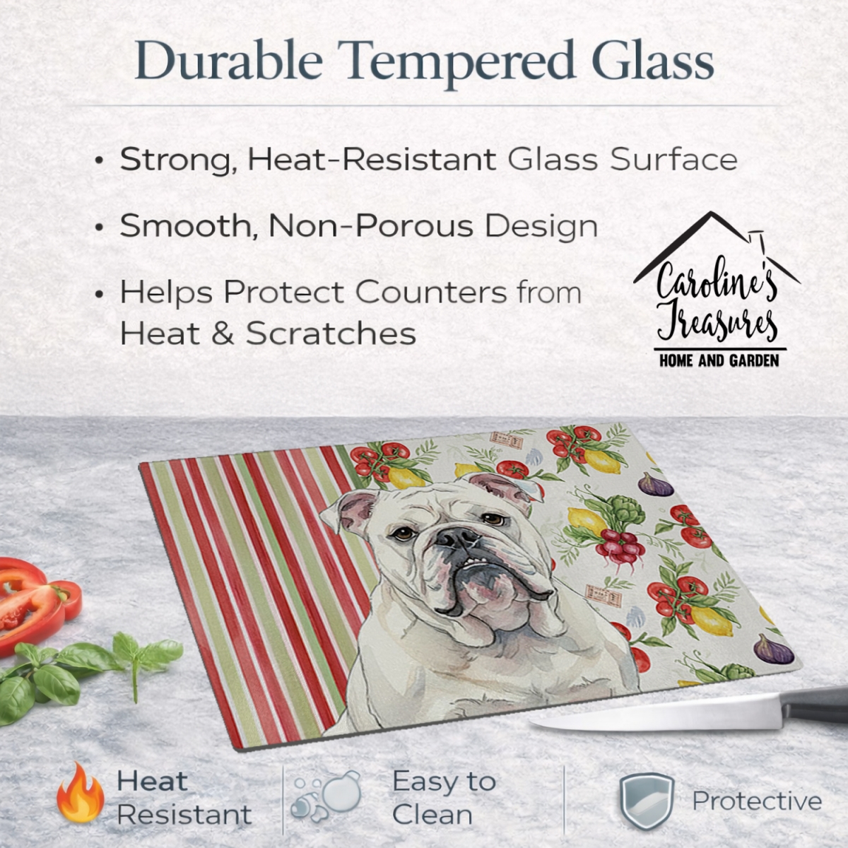 Picture of Carolines Treasures WDK8215LCB 11.25 x 15.25 in. White English Bulldog Vegetables Glass Cutting Board