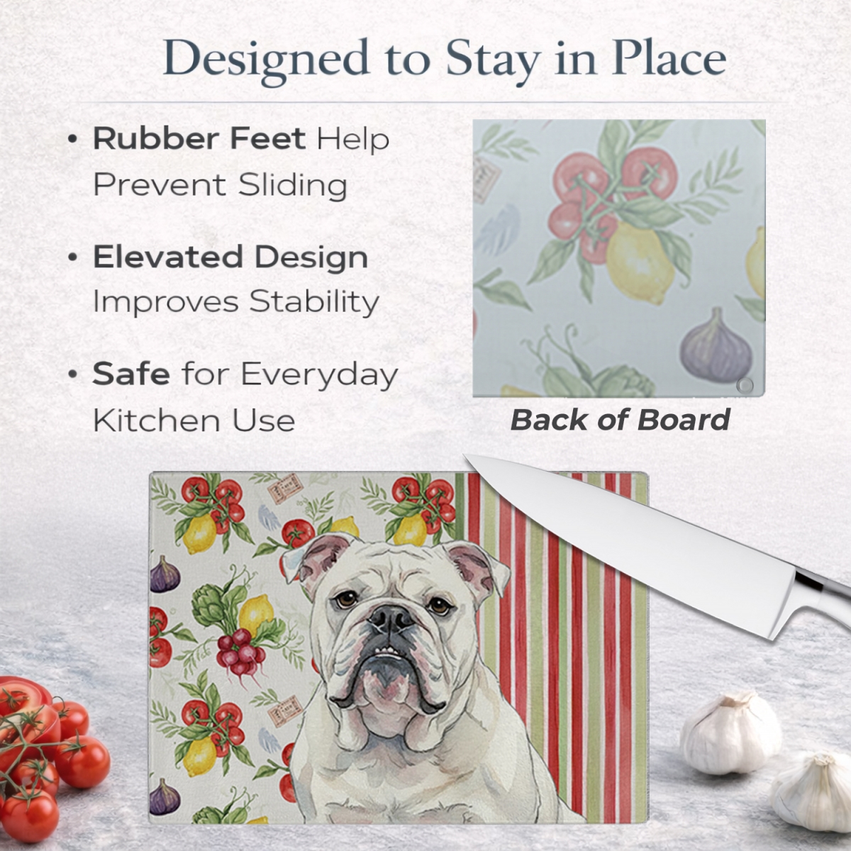 Picture of Carolines Treasures WDK8215LCB 11.25 x 15.25 in. White English Bulldog Vegetables Glass Cutting Board