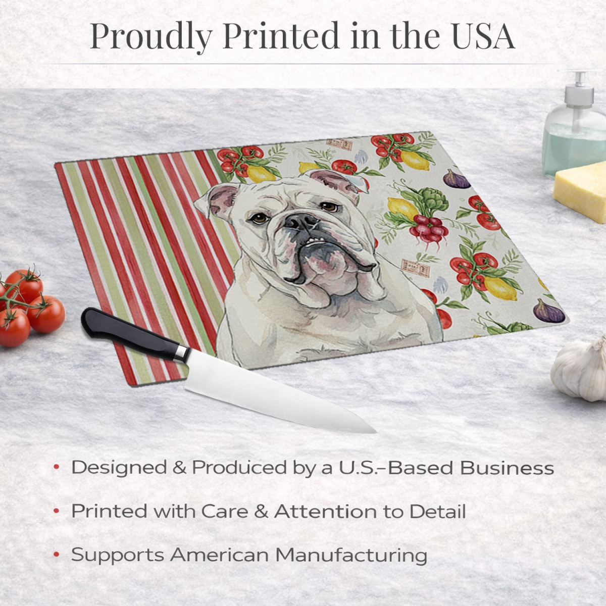 Picture of Carolines Treasures WDK8215LCB 11.25 x 15.25 in. White English Bulldog Vegetables Glass Cutting Board