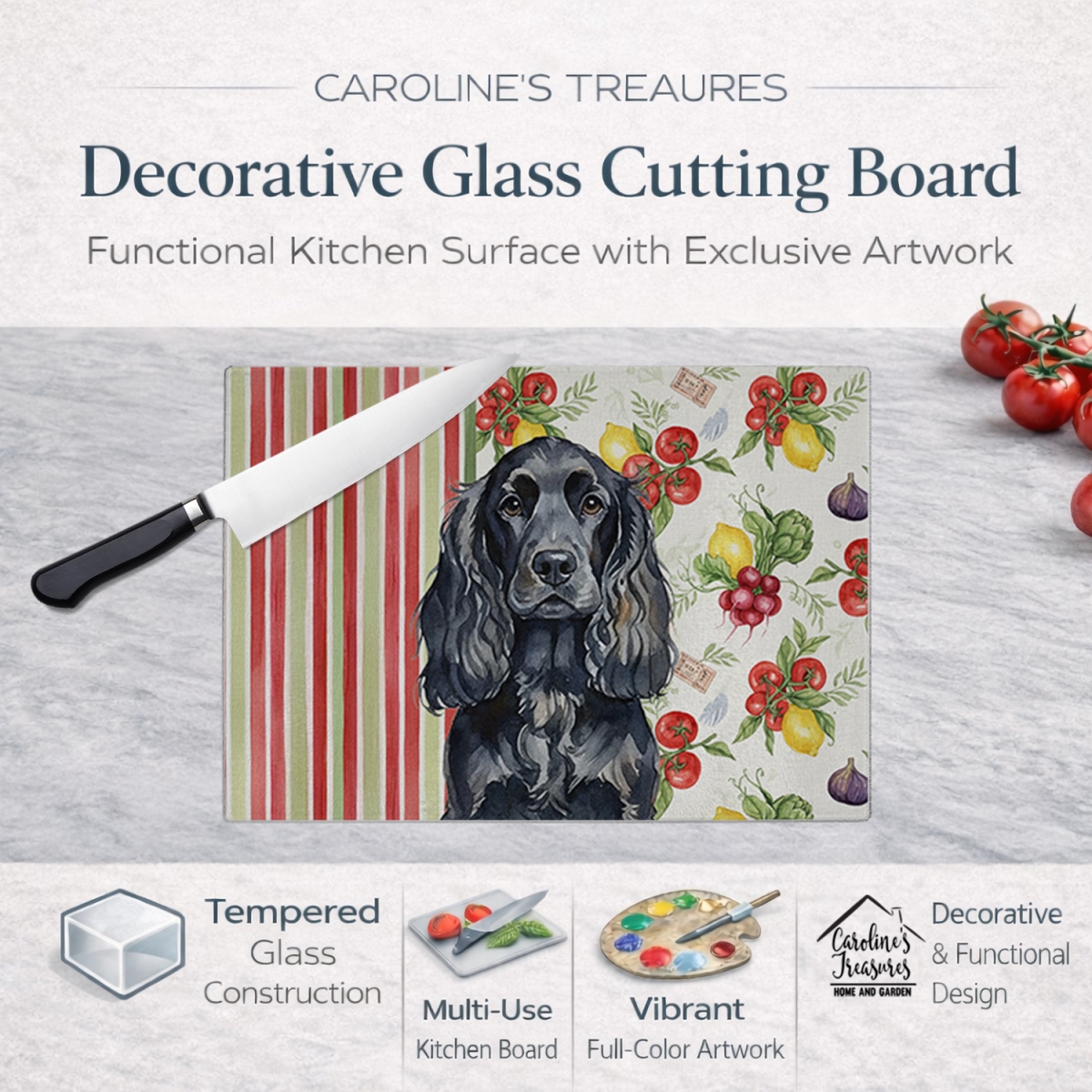 Picture of Carolines Treasures WDK8216LCB 11.25 x 15.25 in. Black English Cocker Spaniel Vegetables Glass Cutting Board