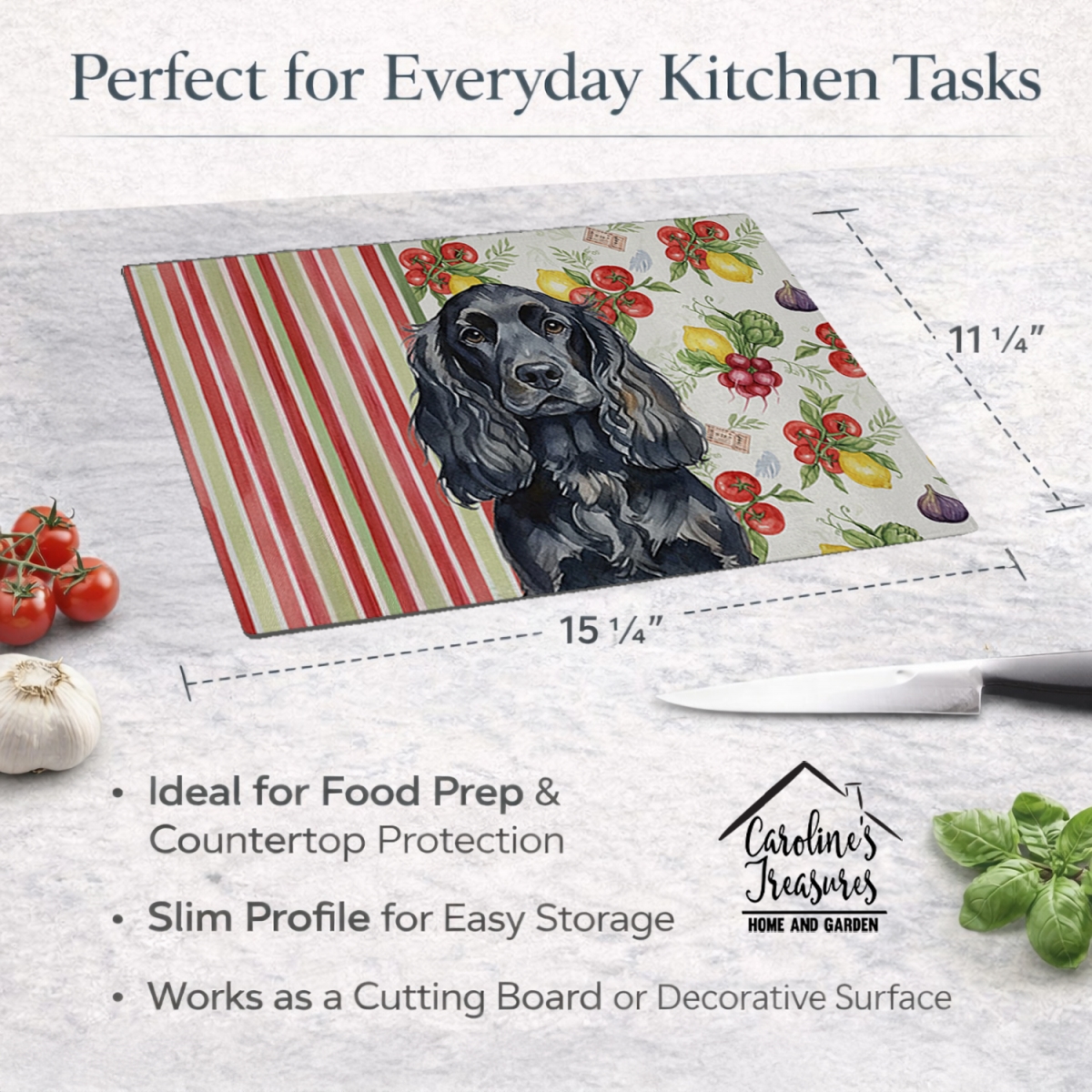 Picture of Carolines Treasures WDK8216LCB 11.25 x 15.25 in. Black English Cocker Spaniel Vegetables Glass Cutting Board