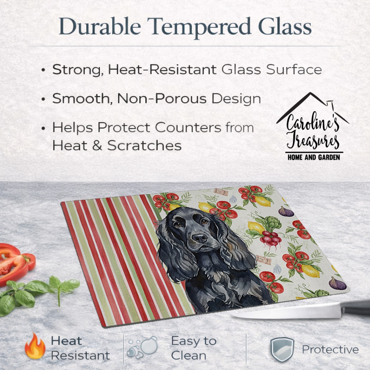 Picture of Carolines Treasures WDK8216LCB 11.25 x 15.25 in. Black English Cocker Spaniel Vegetables Glass Cutting Board
