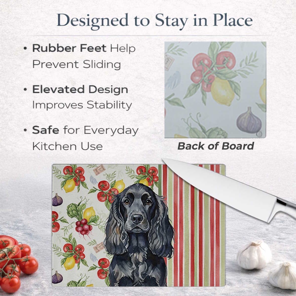 Picture of Carolines Treasures WDK8216LCB 11.25 x 15.25 in. Black English Cocker Spaniel Vegetables Glass Cutting Board