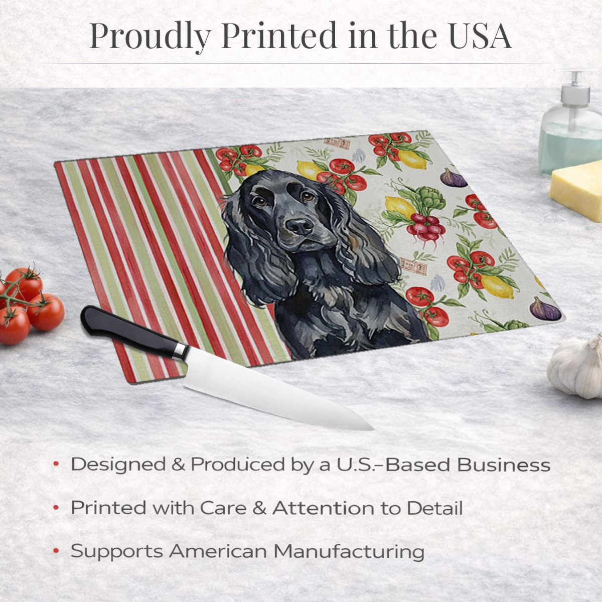 Picture of Carolines Treasures WDK8216LCB 11.25 x 15.25 in. Black English Cocker Spaniel Vegetables Glass Cutting Board