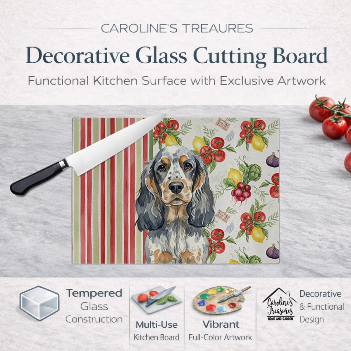 Picture of Carolines Treasures WDK8217LCB 11.25 x 15.25 in. Blue Roan & Tan English Cocker Spaniel Vegetables Glass Cutting Board